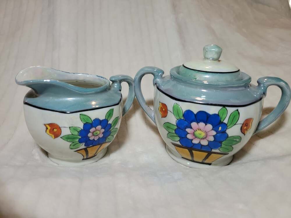 Vintage Made in Japan Lusterware Sugar Bowl with Lid & Creamer Set Hand Painted